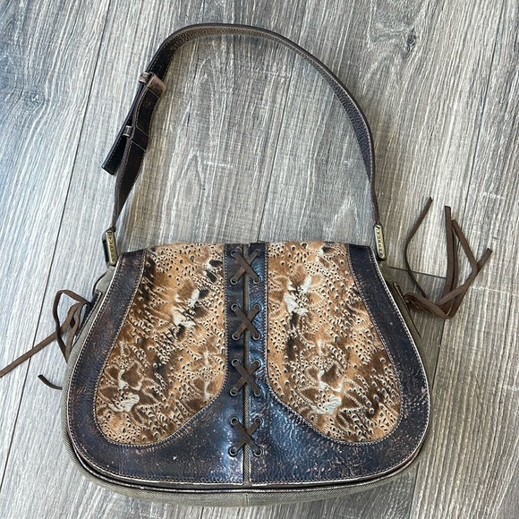 Yurena Shoulder Bag Italy Saddle Satchel Leather Textured Fur Taupe Denim Italy - Picture 1 of 9